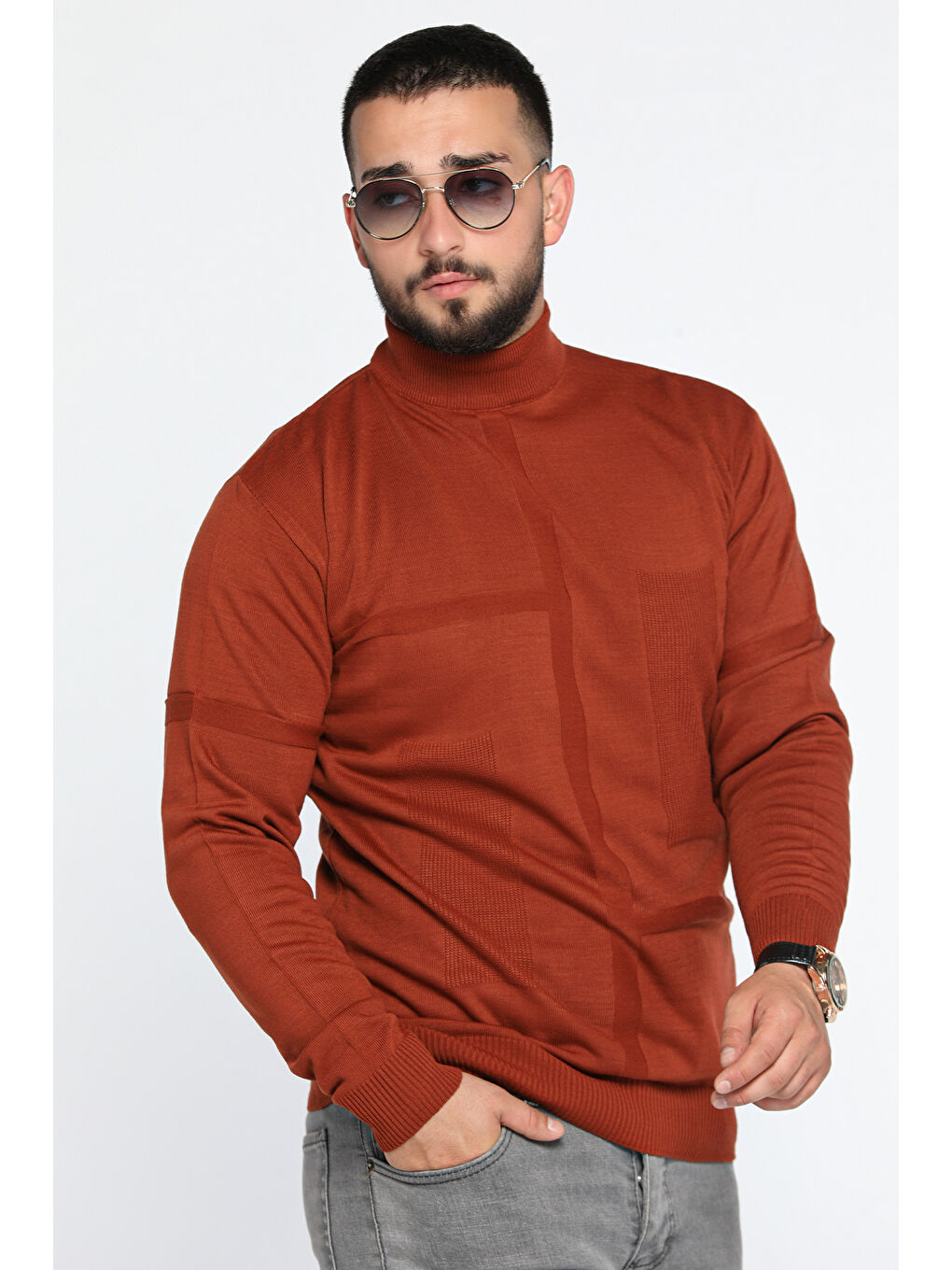 Kahverengi Erkek Desenli Triko Kazak-3