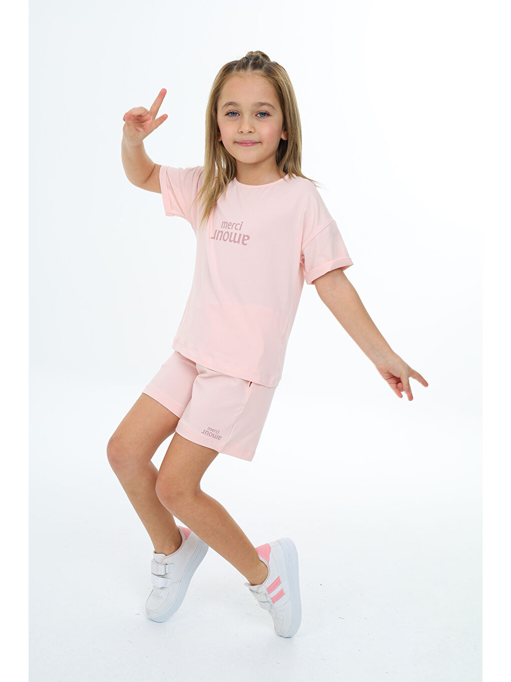 Pembe Kız Çocuk Baskılı Şortlu Takım-1