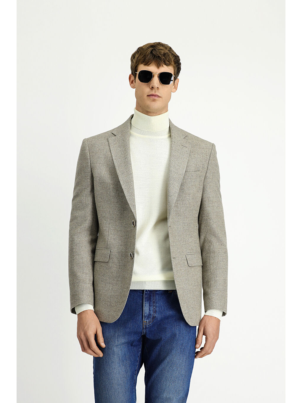 Bej 4 Drop Relaxed Fit Rahat Kesim Desenli Yünlü Ceket