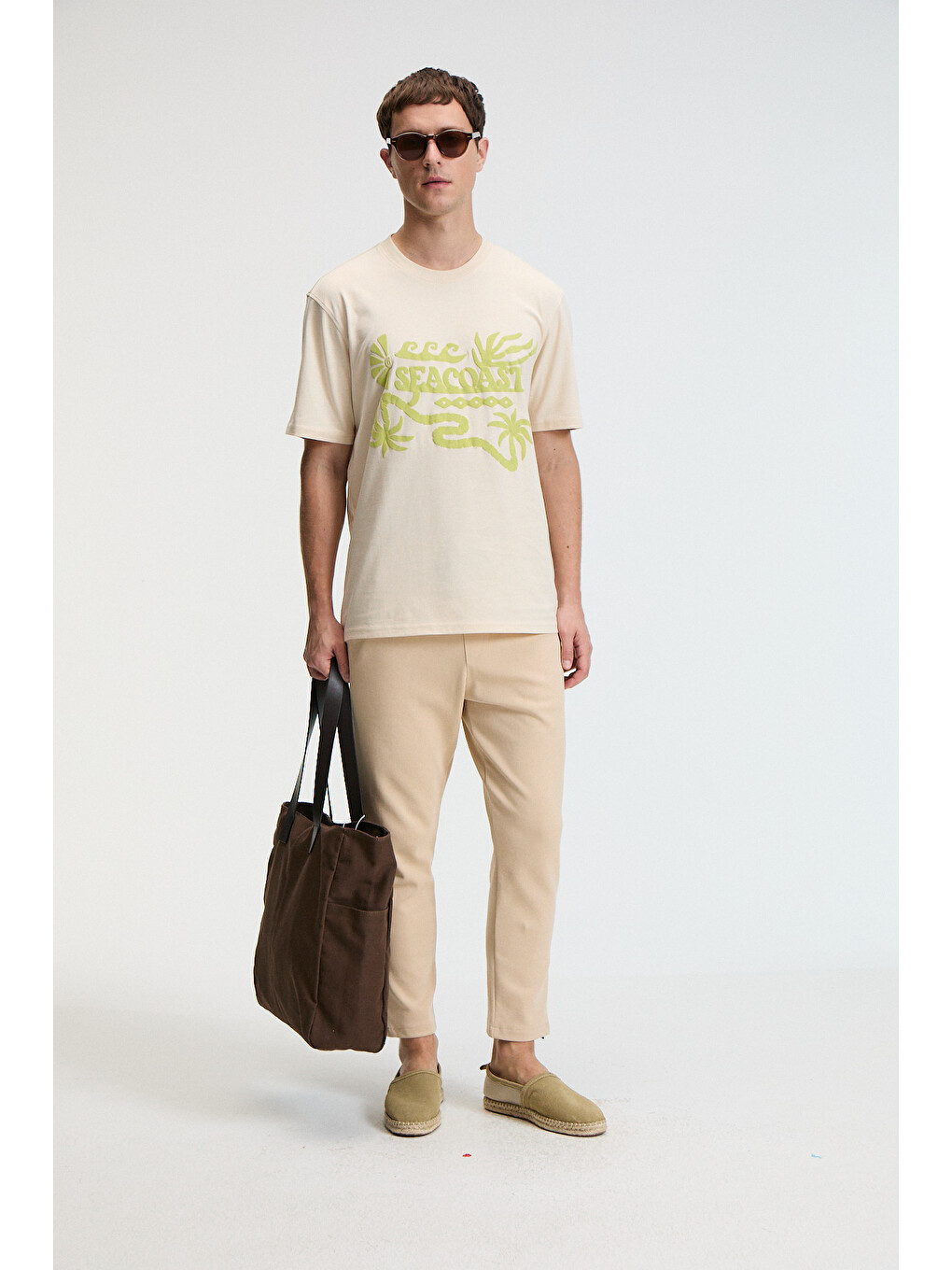 Bej Sweet Erkek %100 Pamuk Oversize Fit Baskılı Kısa Kollu Yuvarlak Yakalı Vanilya T-shirt-2