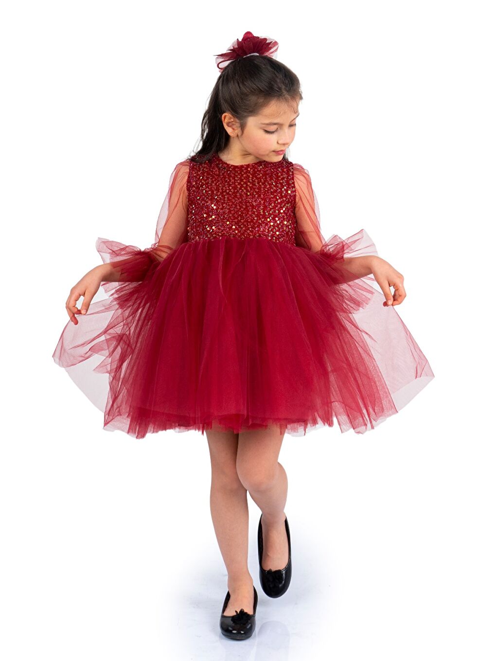 Bordo Pul Payet Tüllü Kız Çocuk Elbise MNK0285-5