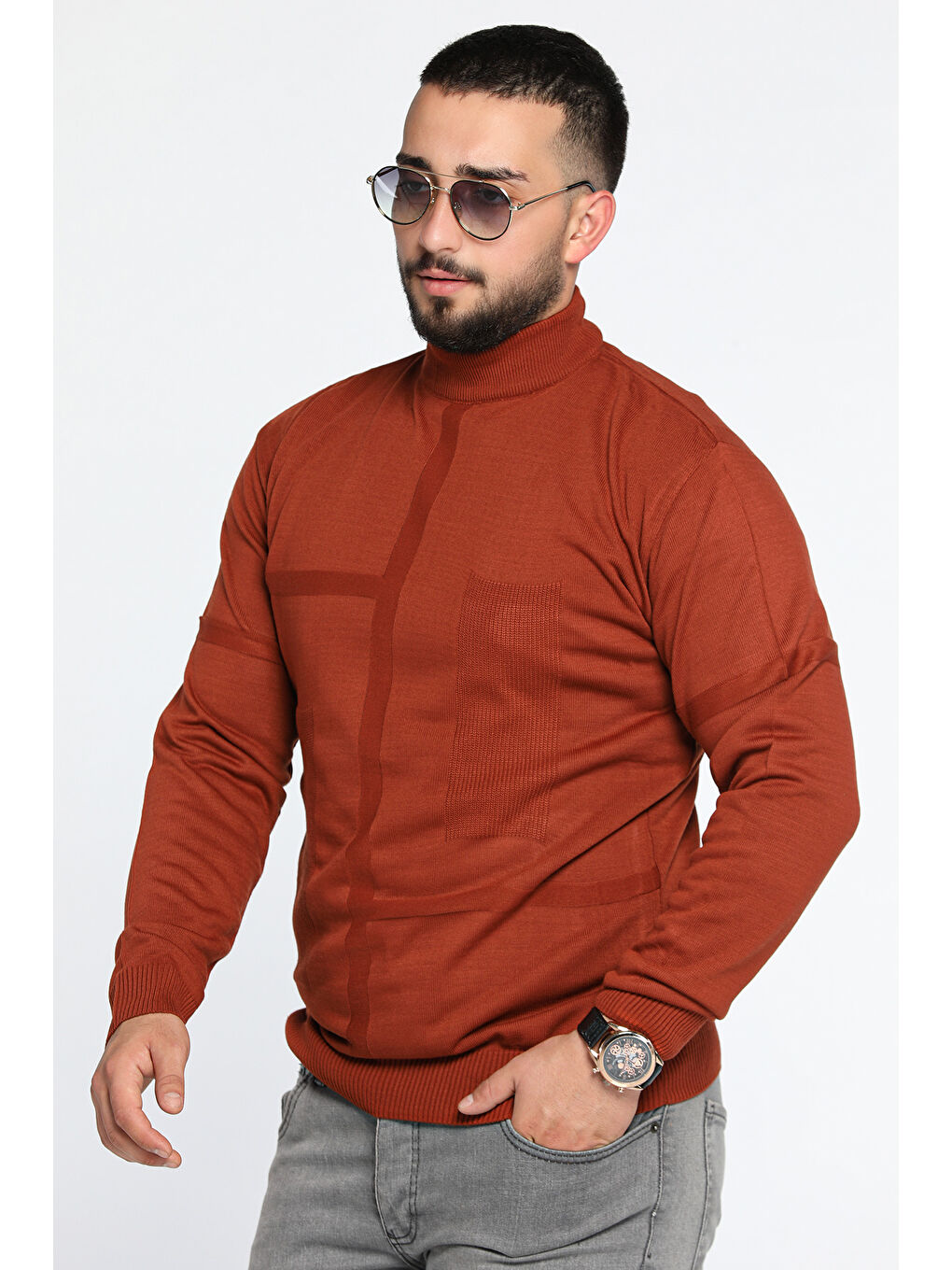 Kahverengi Erkek Desenli Triko Kazak-6