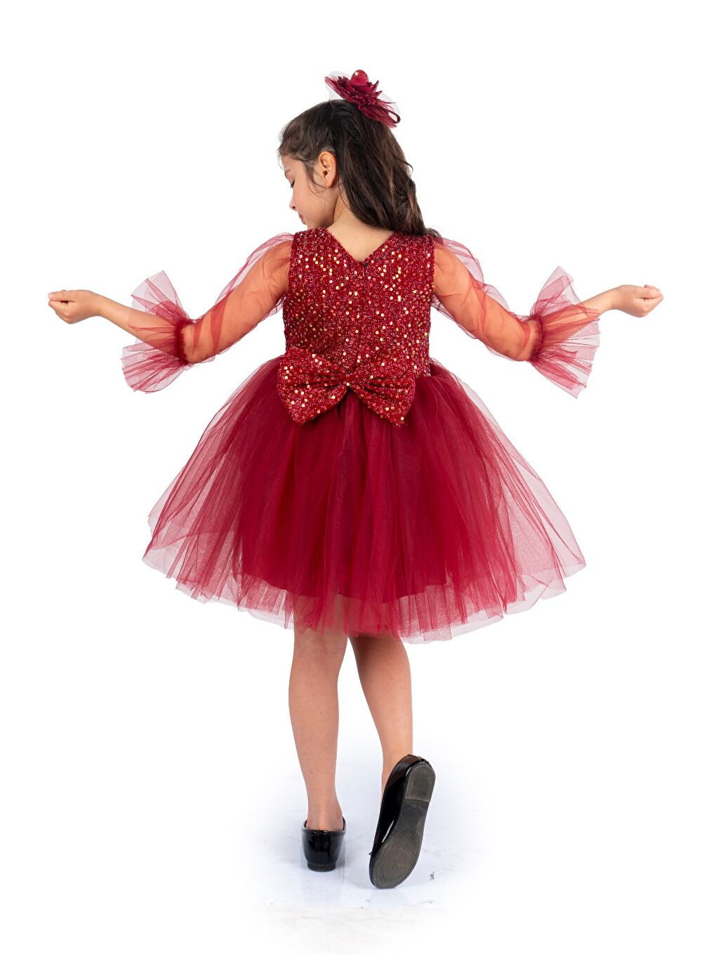 Bordo Pul Payet Tüllü Kız Çocuk Elbise MNK0285-6