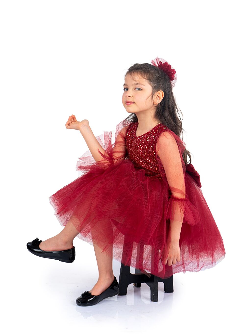 Bordo Pul Payet Tüllü Kız Çocuk Elbise MNK0285-7