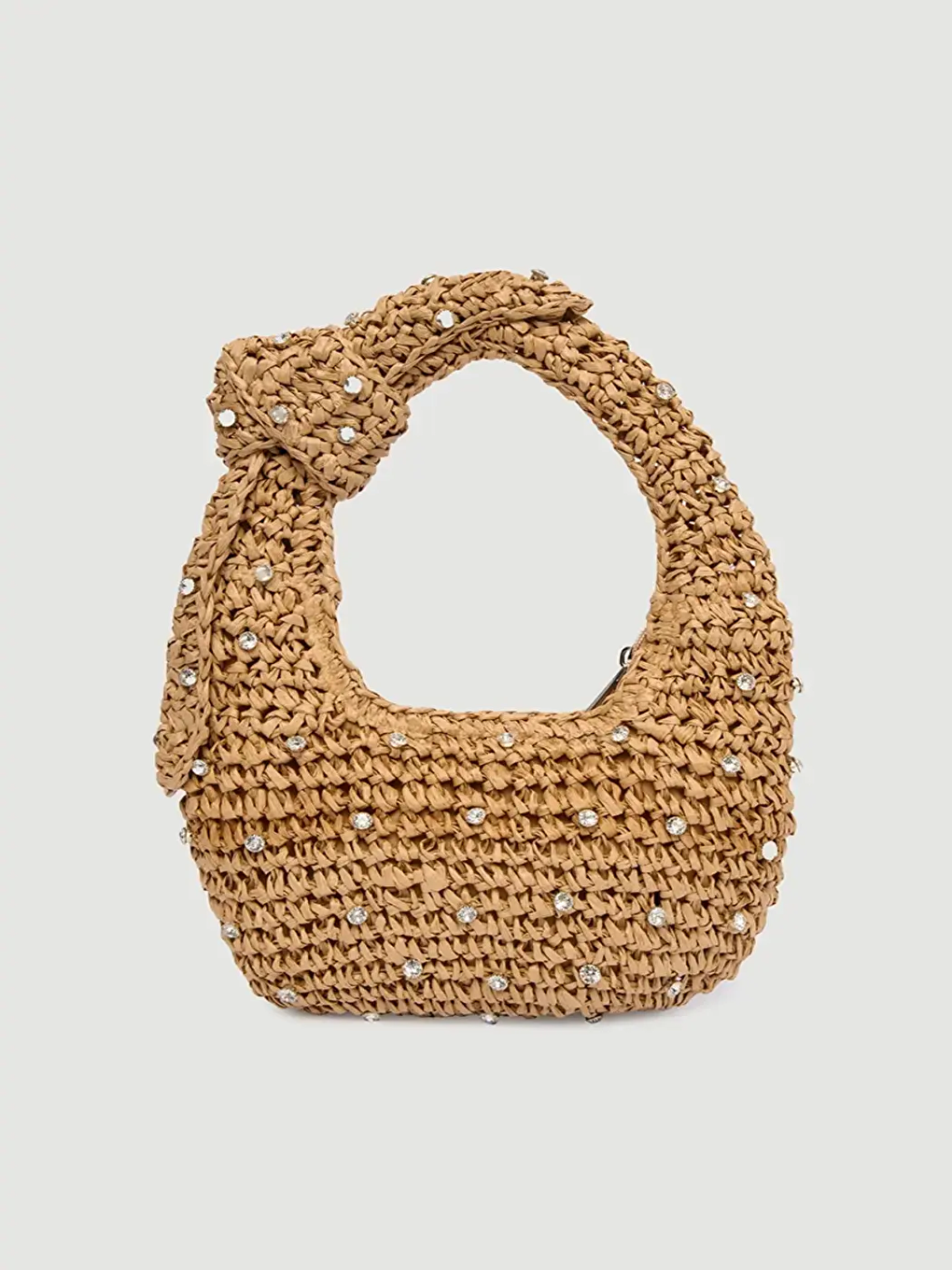 Ekru Taş Detaylı El Örgüsü Camel Hasır Çanta