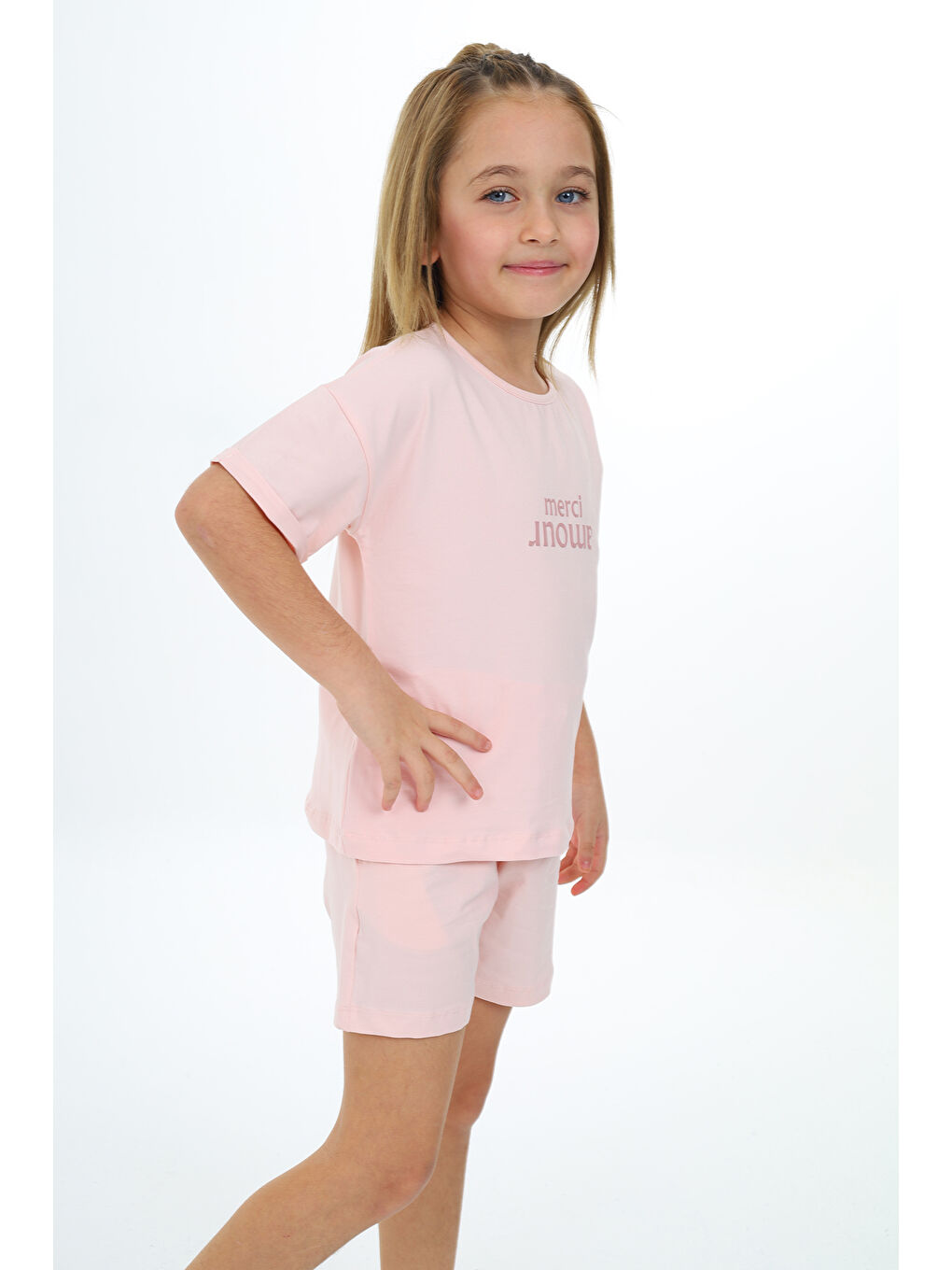 Pembe Kız Çocuk Baskılı Şortlu Takım-2