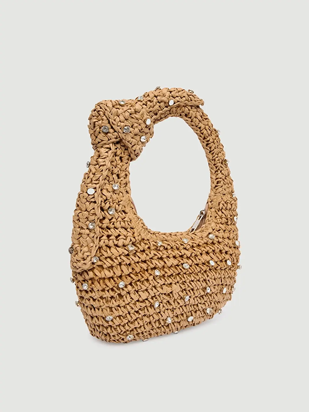 Ekru Taş Detaylı El Örgüsü Camel Hasır Çanta-1