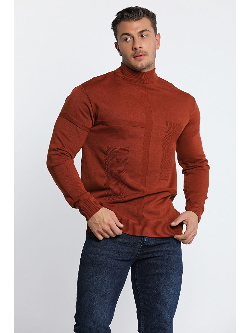 Kahverengi Erkek Desenli Triko Kazak-8