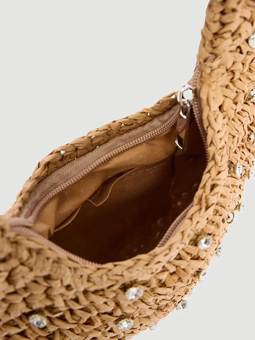 Ekru Taş Detaylı El Örgüsü Camel Hasır Çanta-2