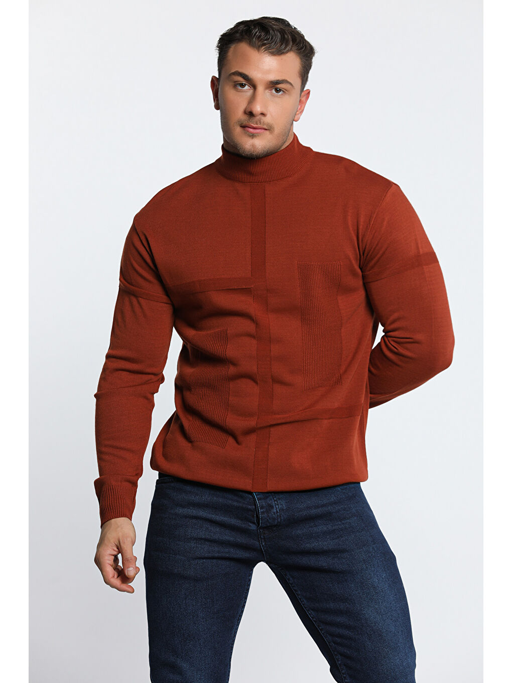 Kahverengi Erkek Desenli Triko Kazak-9