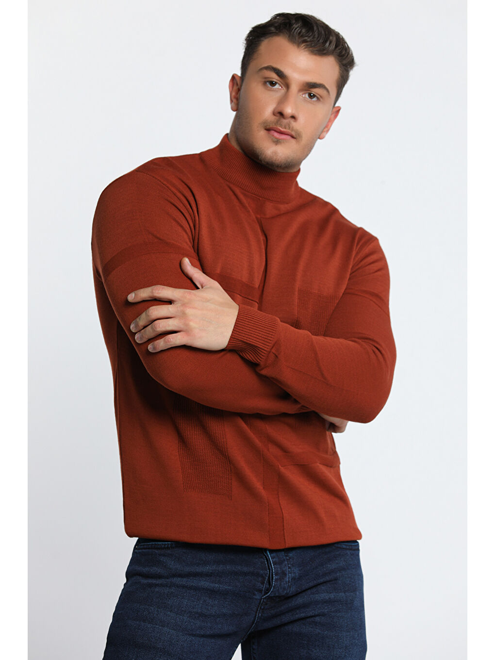 Kahverengi Erkek Desenli Triko Kazak-10