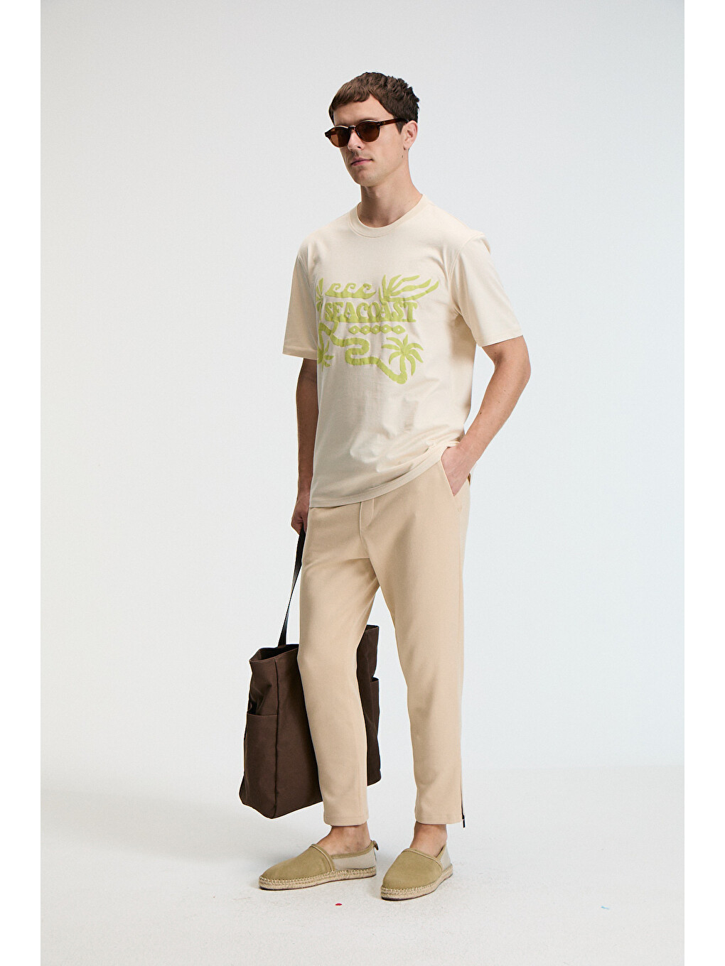 Bej Sweet Erkek %100 Pamuk Oversize Fit Baskılı Kısa Kollu Yuvarlak Yakalı Vanilya T-shirt-3