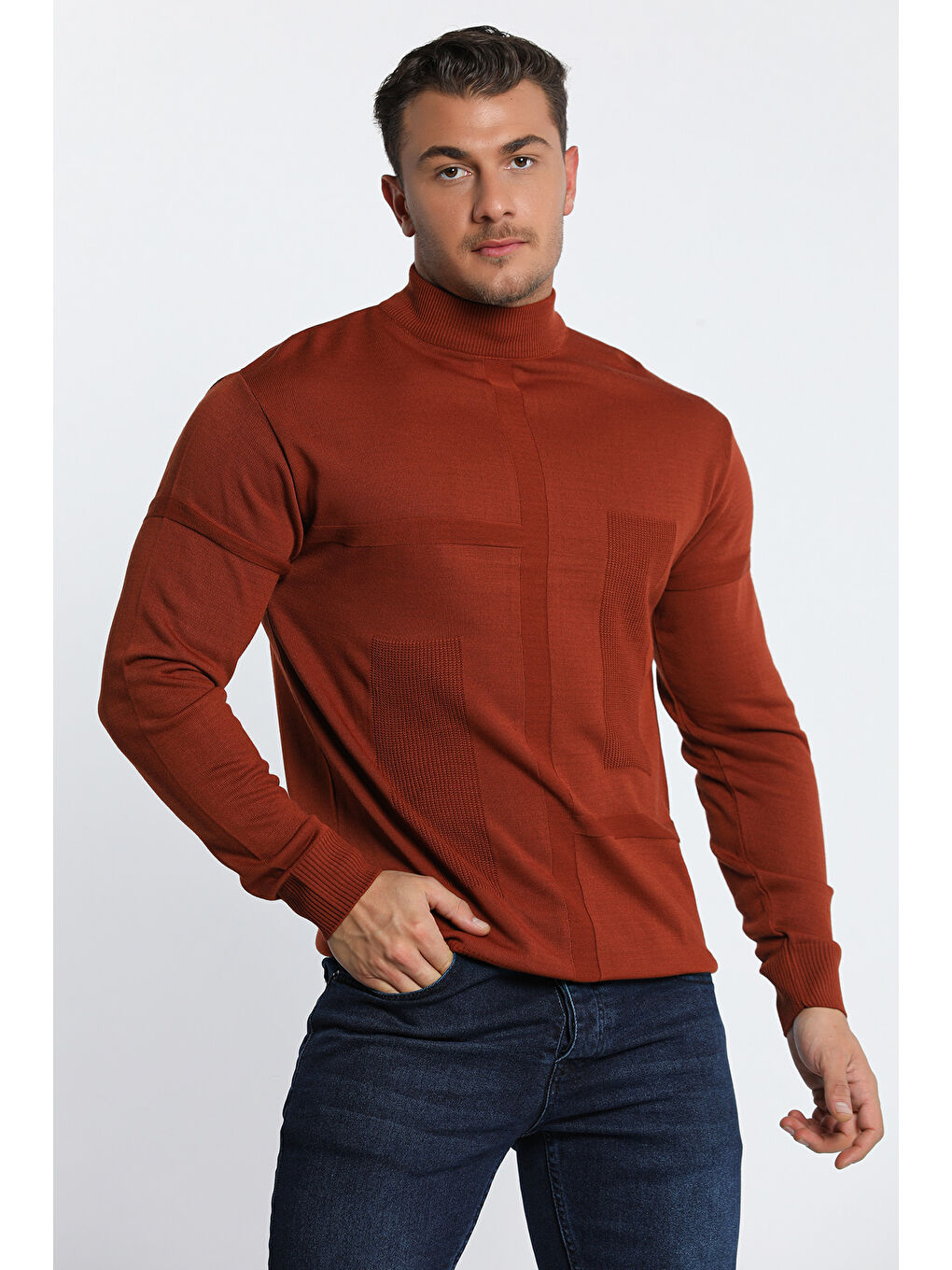 Kahverengi Erkek Desenli Triko Kazak-11