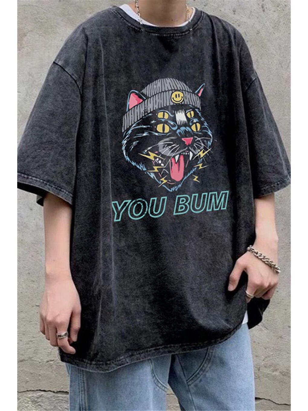 Touz Moda Antrasit Yıkamalı You Bum Cat Baskılı Unisex Oversize Vintage Eskitme T-shirt