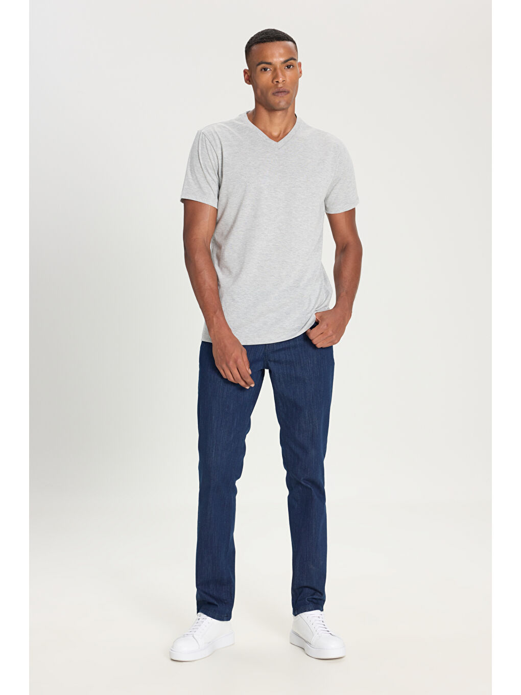 Erkek Gri Melanj Slim Fit Dar Kesim V Yaka Pamuklu V Yaka Kısa Kollu Tişört-1