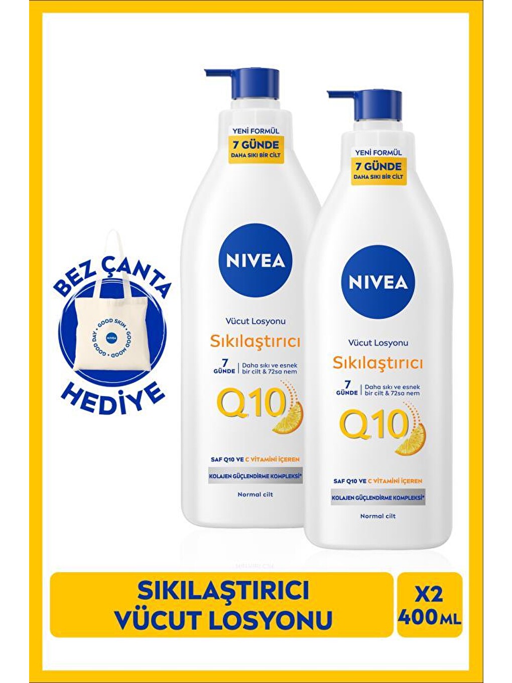 Q10 7 Günde Sıkılaştırıcı Vücut Bakım Losyonu 400ml, Nemlendirici, C Vitamini, Çanta Hediye, X2 Adet