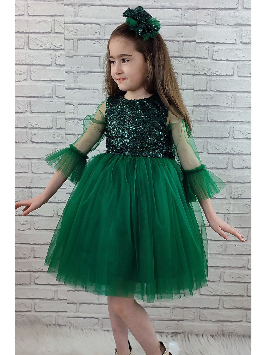 Yeşil Pul Payet Tüllü Kız Çocuk Elbise MNK0285-4