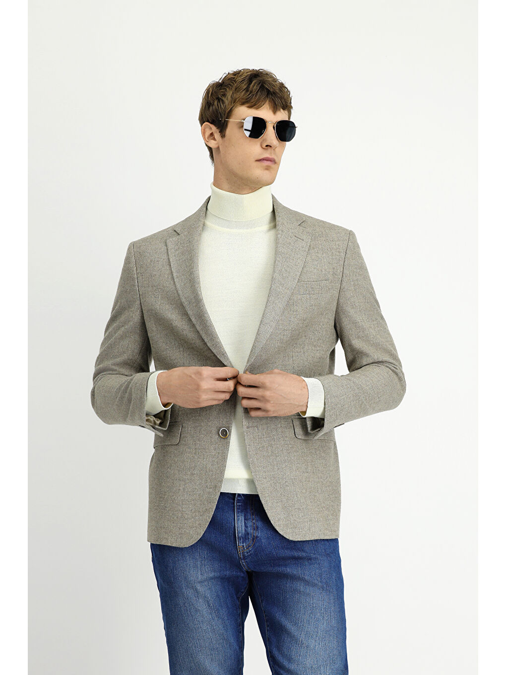 Bej 4 Drop Relaxed Fit Rahat Kesim Desenli Yünlü Ceket-3