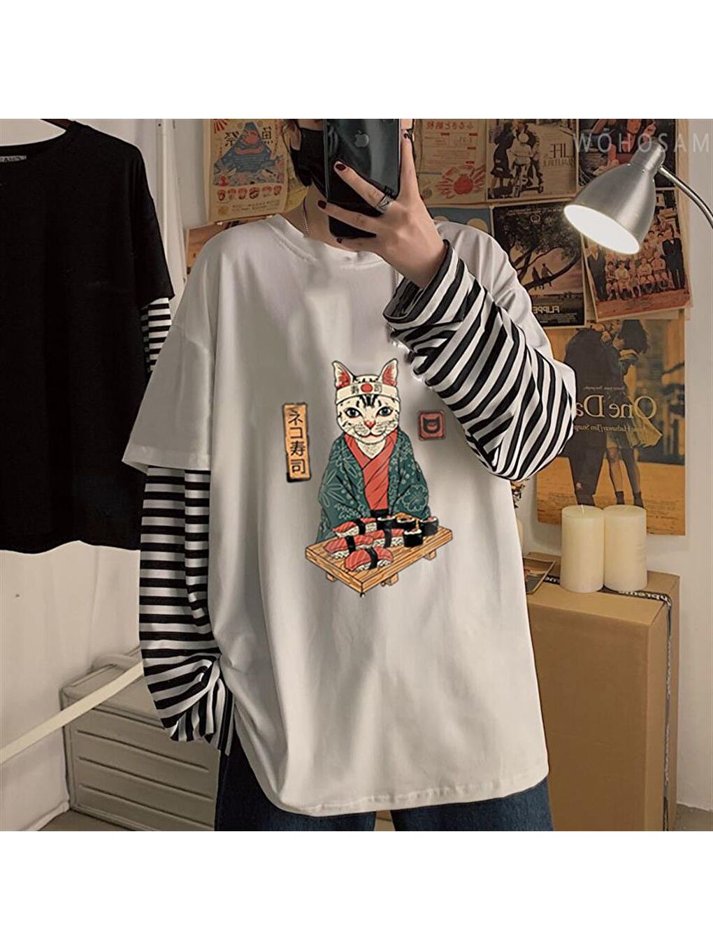 Touz Moda Beyaz Sushi Cat Baskılı Fake Sleeves Unisex Beyaz T-shirt