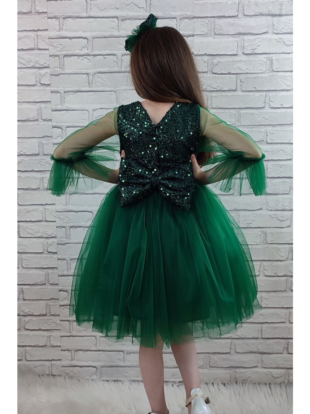 Yeşil Pul Payet Tüllü Kız Çocuk Elbise MNK0285-5