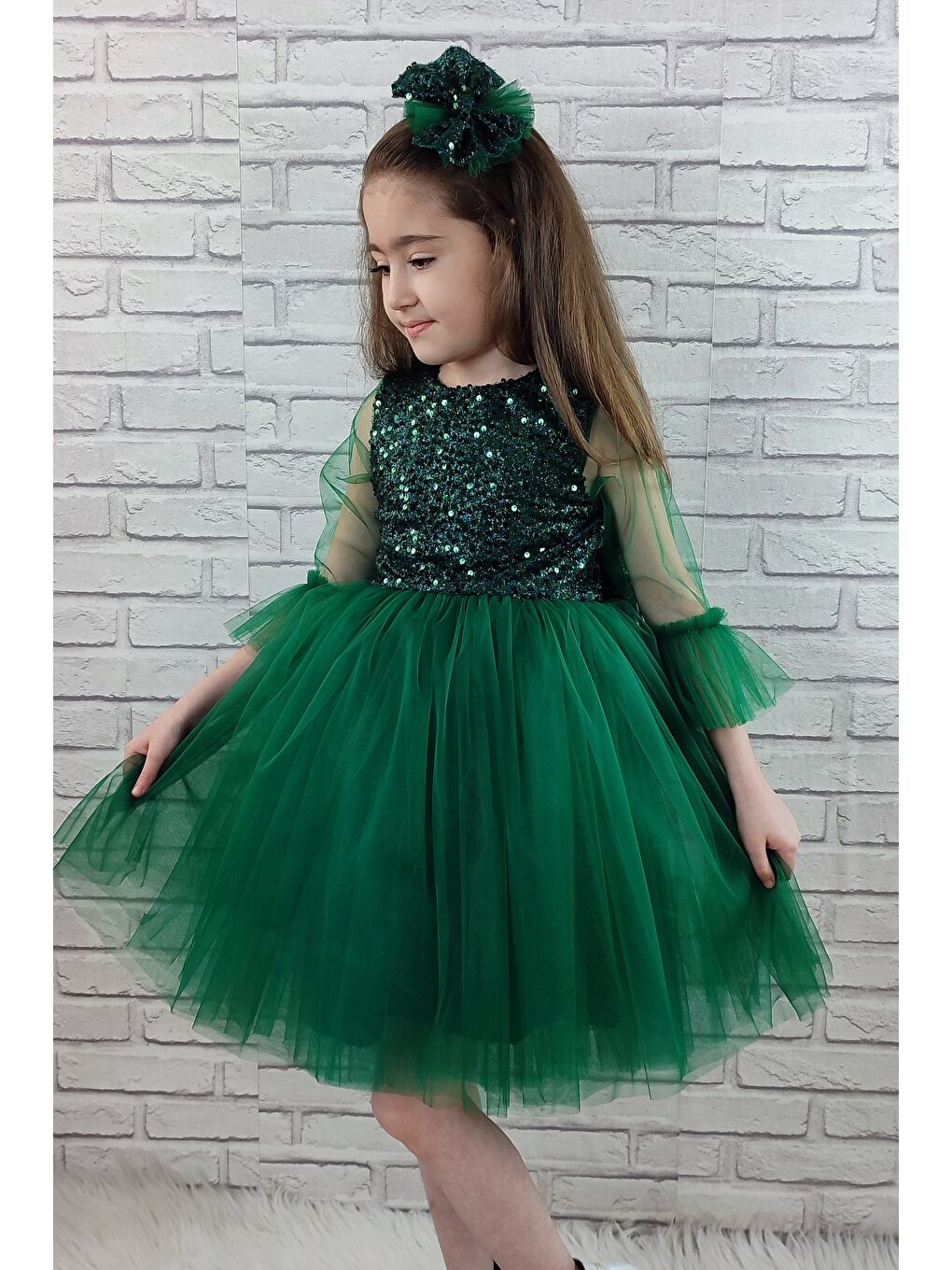 Yeşil Pul Payet Tüllü Kız Çocuk Elbise MNK0285-6