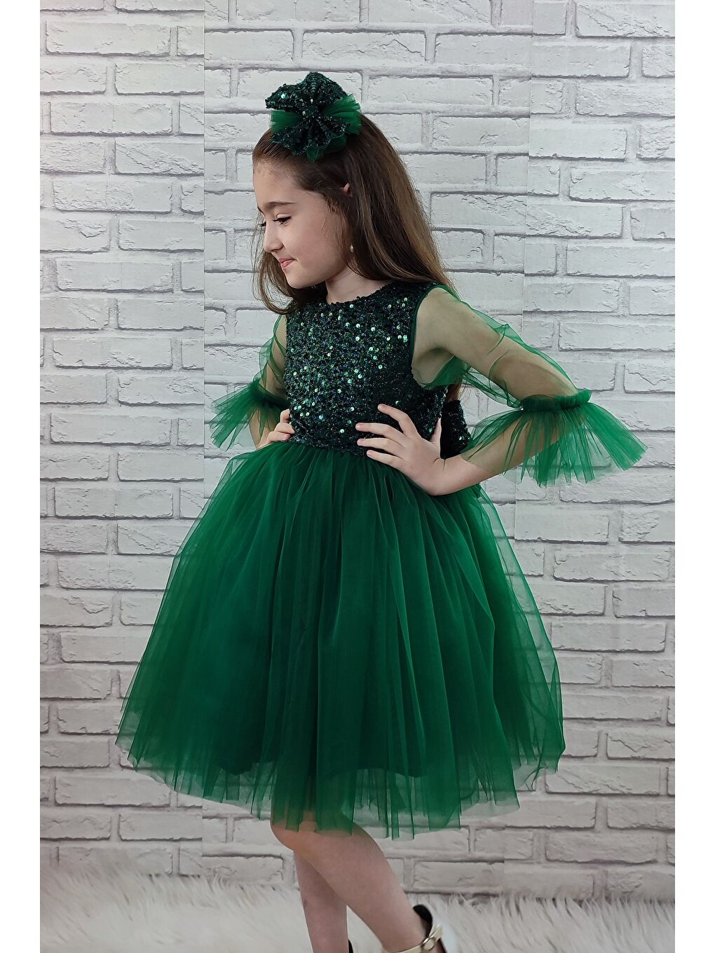 Yeşil Pul Payet Tüllü Kız Çocuk Elbise MNK0285-7