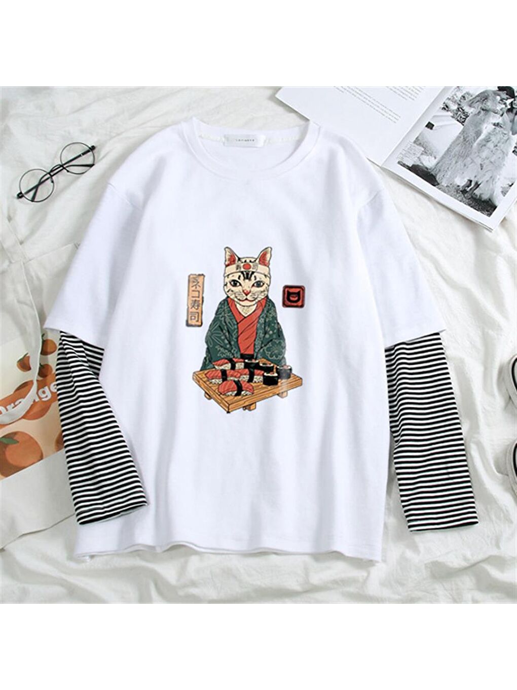 Touz Moda Beyaz Sushi Cat Baskılı Fake Sleeves Unisex Beyaz T-shirt - 1