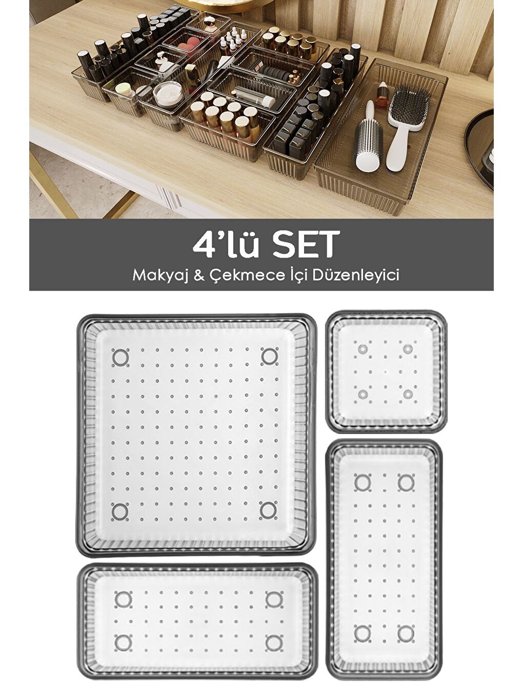 4'lü Çekmece İçi Organizer Kozmetik Takı Makyaj Organizeri Dolap İçi Düzenleyici Antrasit