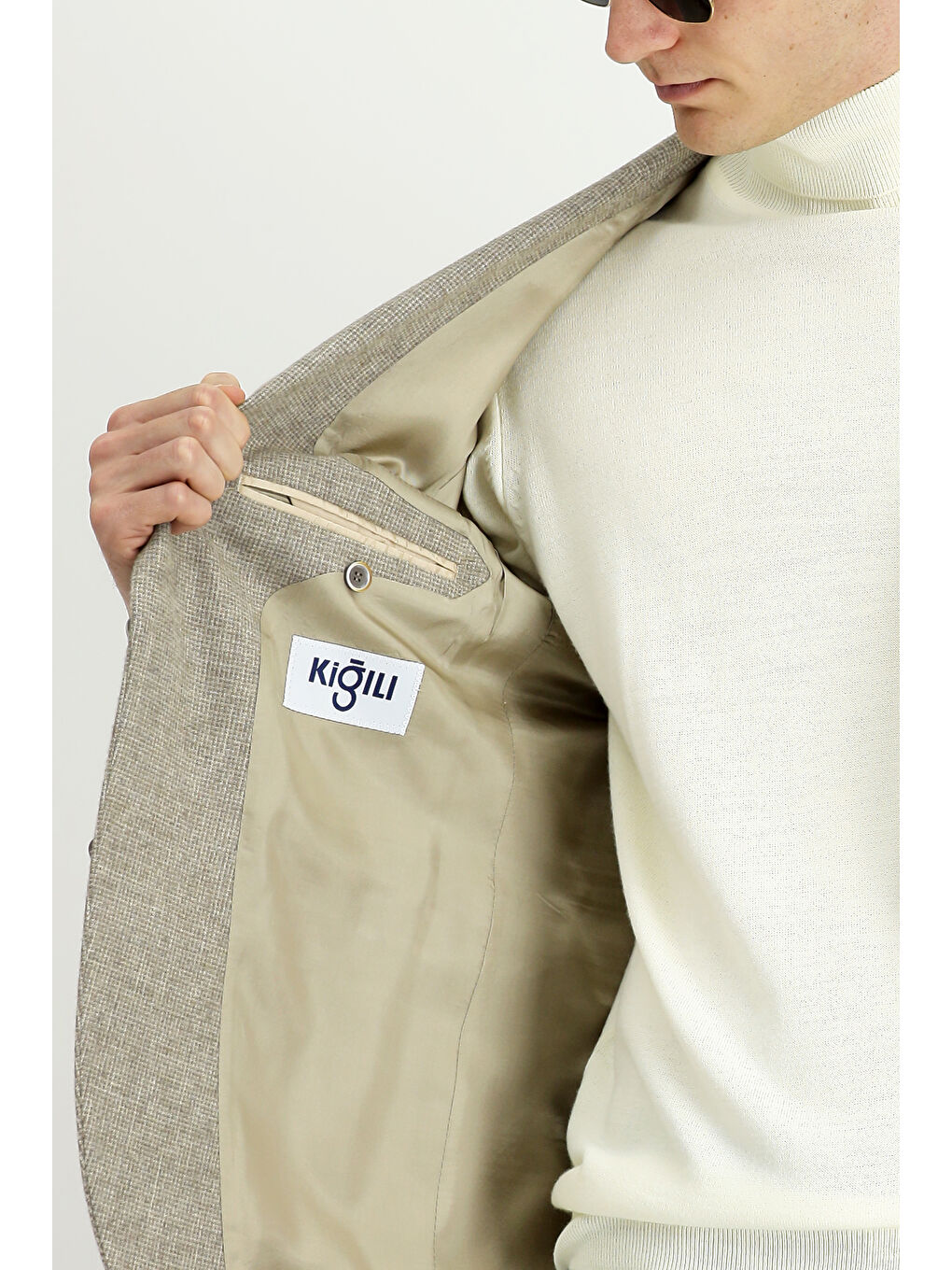 Bej 4 Drop Relaxed Fit Rahat Kesim Desenli Yünlü Ceket-5