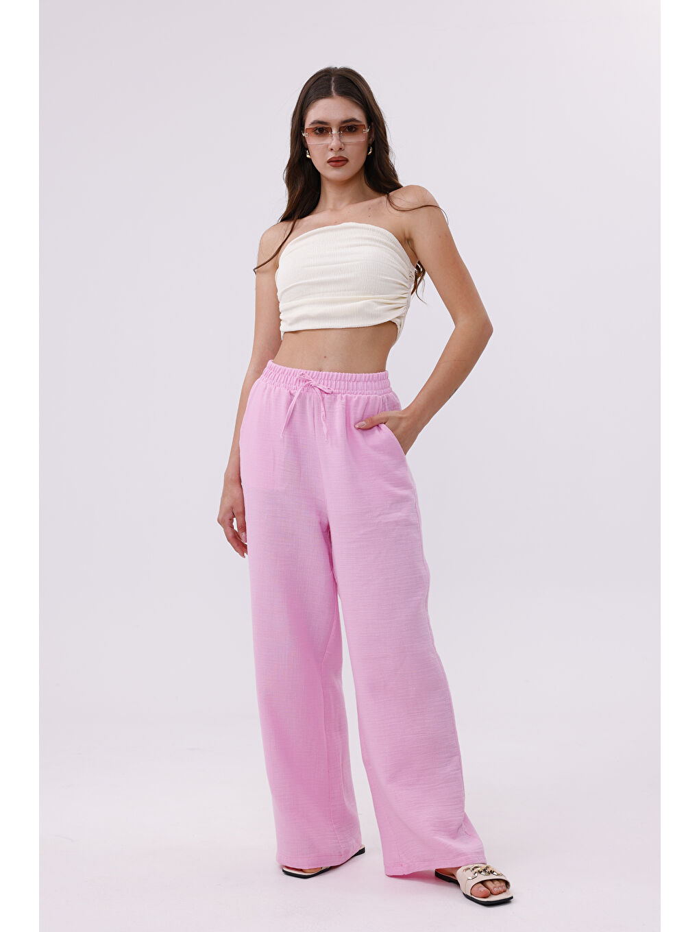 Pembe Müslin Palazzo Kadın Pantolon MÜSLİN-PANTOLON
