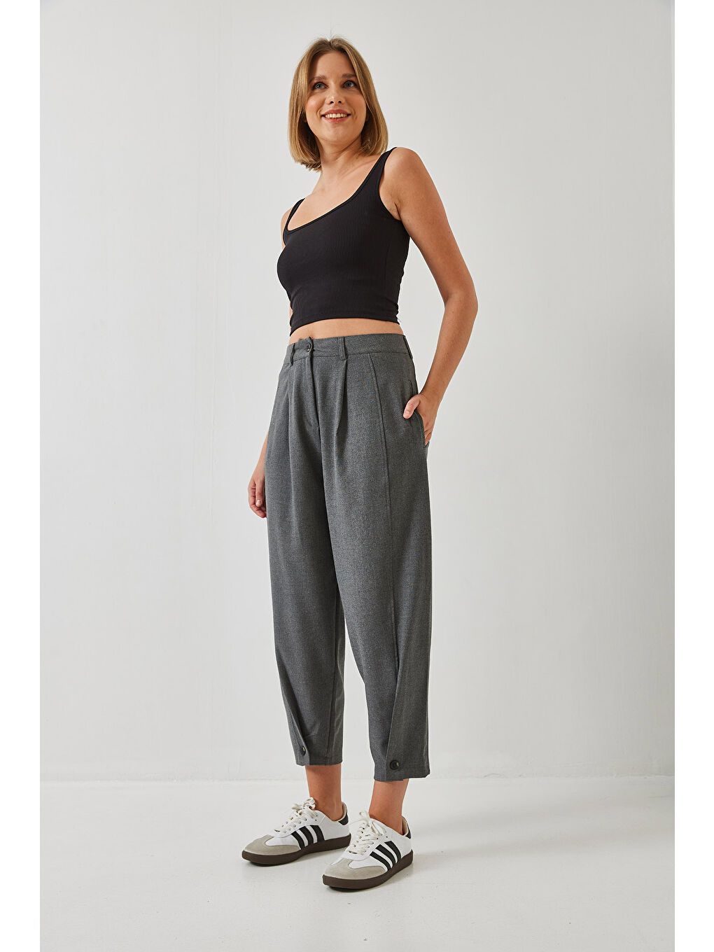 Antrasit Kadın Paça Düğme Detaylı Keten Dokulu Pantolon-2