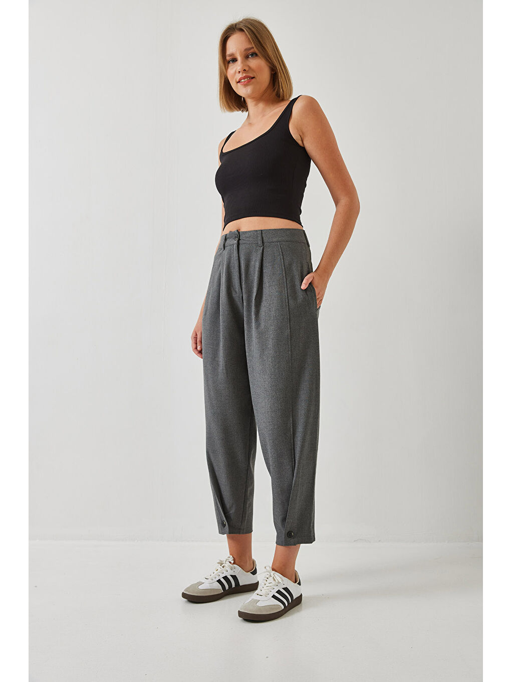 Antrasit Kadın Paça Düğme Detaylı Keten Dokulu Pantolon-3