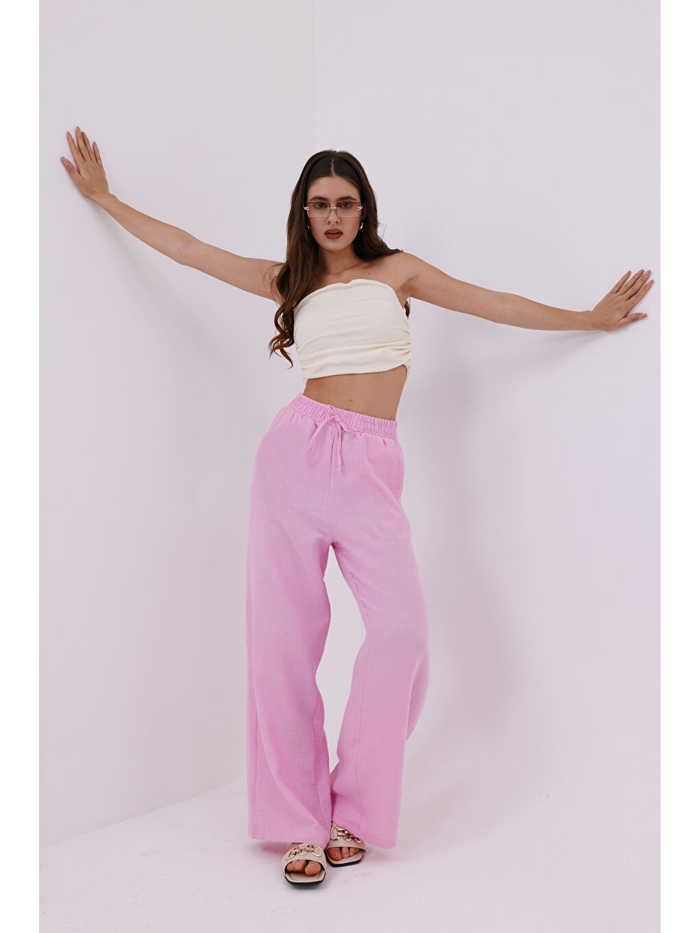 Pembe Müslin Palazzo Kadın Pantolon MÜSLİN-PANTOLON-3