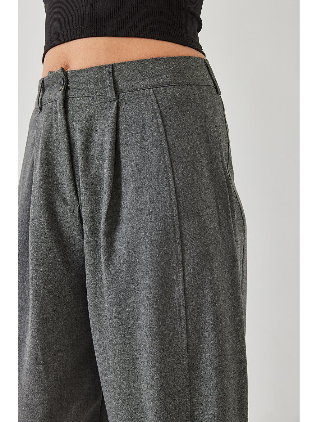 Antrasit Kadın Paça Düğme Detaylı Keten Dokulu Pantolon-5