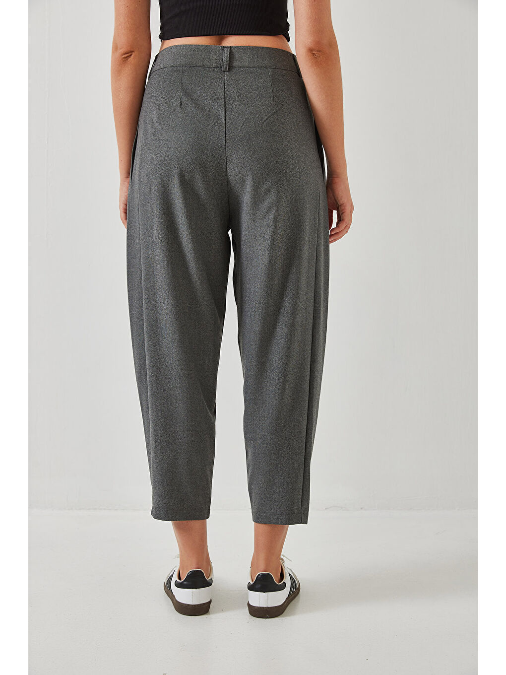 Antrasit Kadın Paça Düğme Detaylı Keten Dokulu Pantolon-6