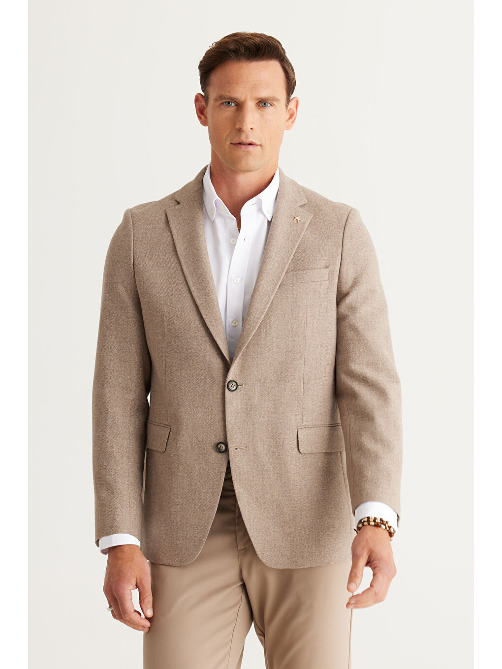 Erkek Bej Regular Fit Geniş Kesim Mono Yaka Diagonal Desenli Yünlü Ceket