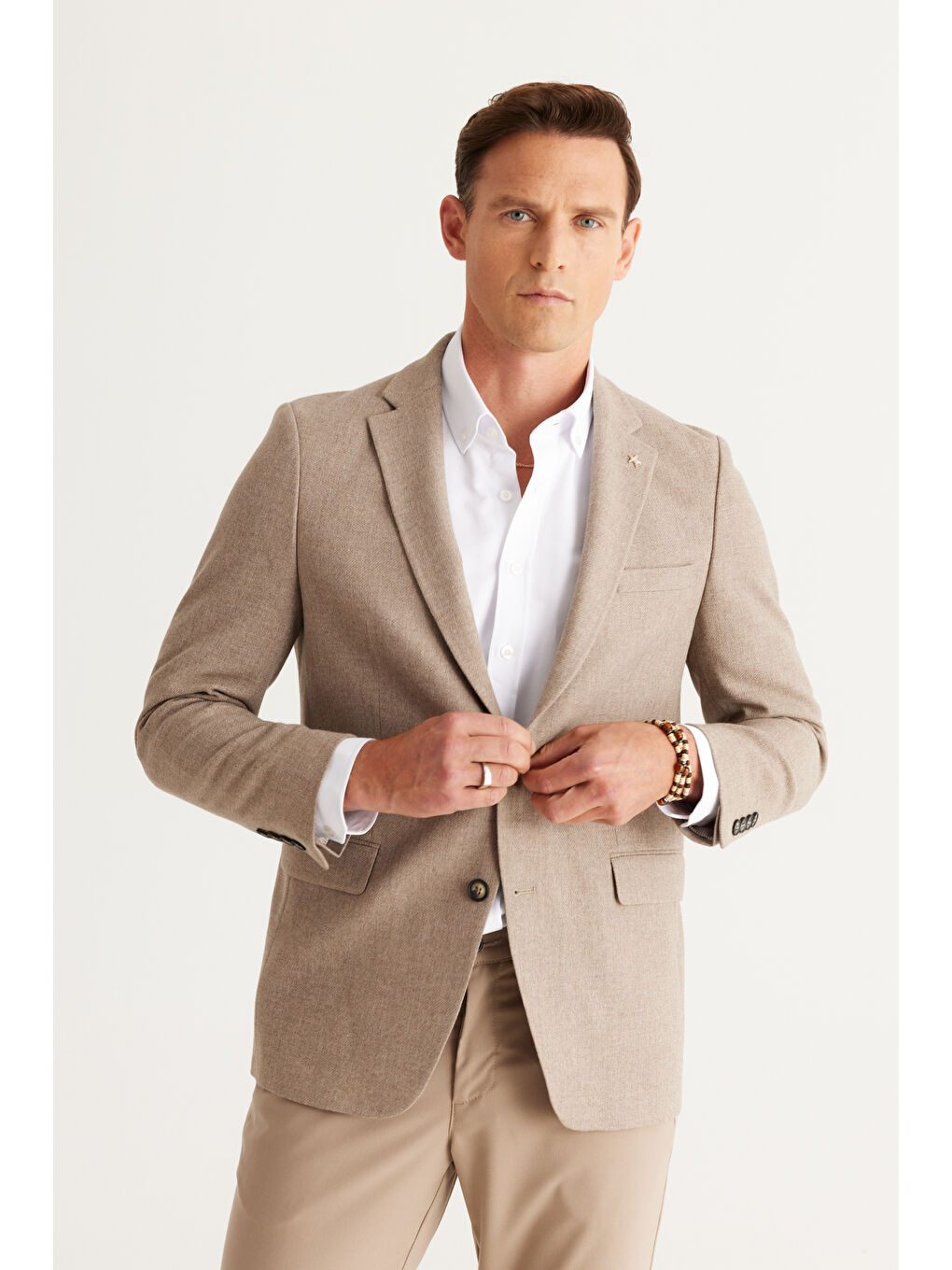 Erkek Bej Regular Fit Geniş Kesim Mono Yaka Diagonal Desenli Yünlü Ceket-2