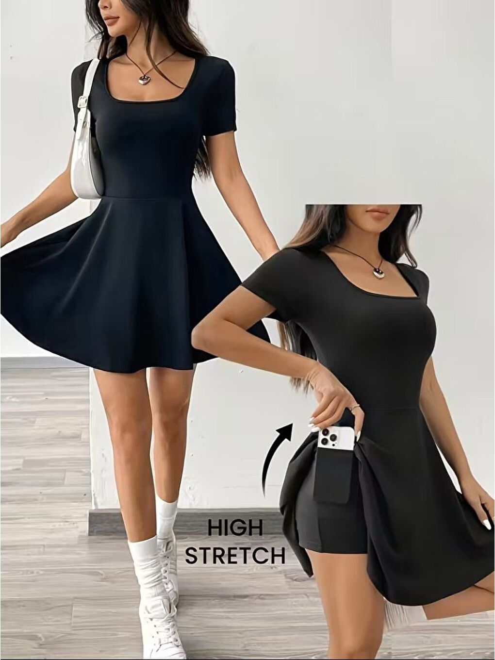 Siyah Kadın Kısa Kollu Kare Yakalı Cep Detaylı Dalgıç Elbise Tulum