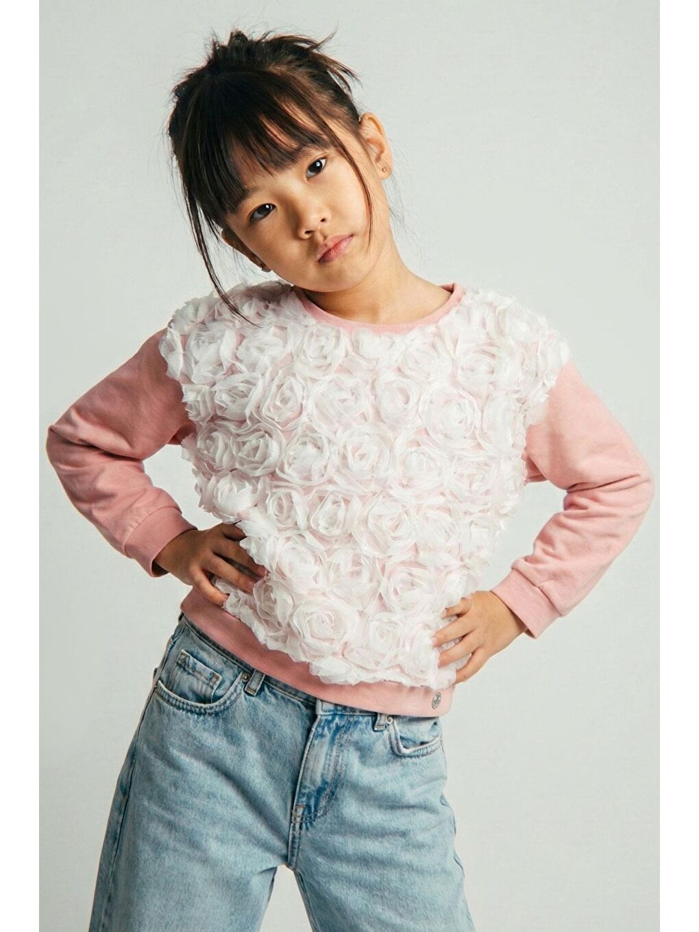 Pembe Kız Çocuk Sweatshirt Organze Kabartmalı Gül Detaylı Gülkurusu (6-12 Yaş)