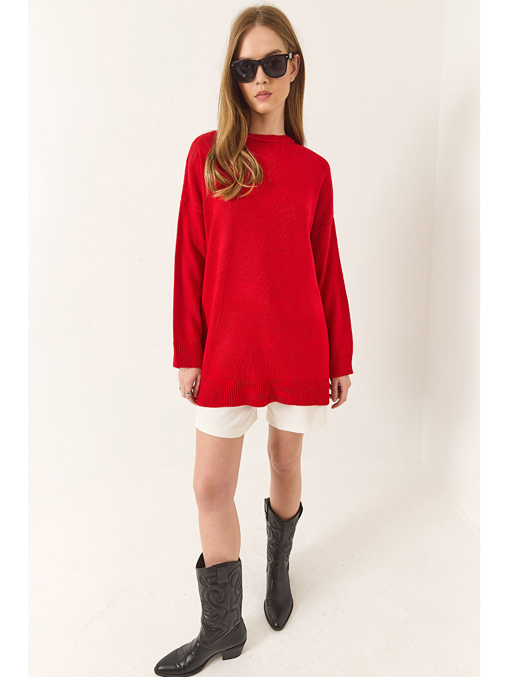 Kırmızı Kadın Bisiklet Yaka Oversize Uzun Kazak