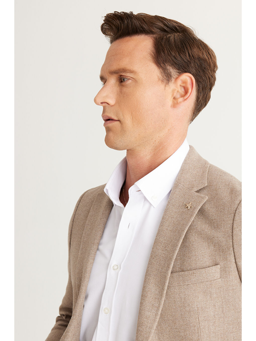 Erkek Bej Regular Fit Geniş Kesim Mono Yaka Diagonal Desenli Yünlü Ceket-3