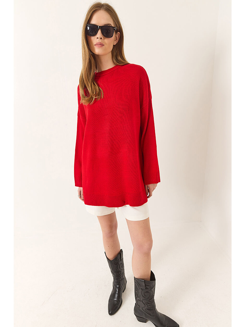 Kırmızı Kadın Bisiklet Yaka Oversize Uzun Kazak-1