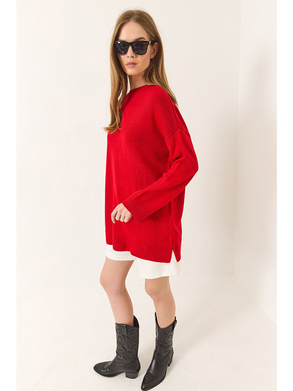 Kırmızı Kadın Bisiklet Yaka Oversize Uzun Kazak-2