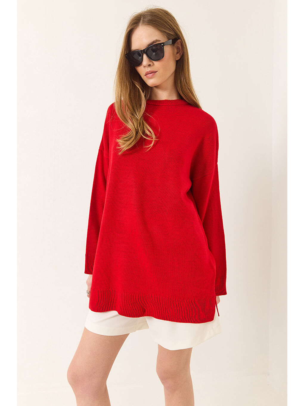 Kırmızı Kadın Bisiklet Yaka Oversize Uzun Kazak-3