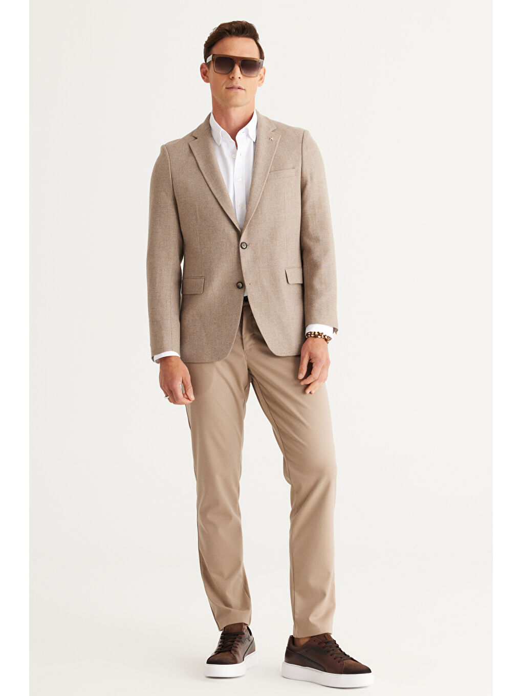 Erkek Bej Regular Fit Geniş Kesim Mono Yaka Diagonal Desenli Yünlü Ceket-4