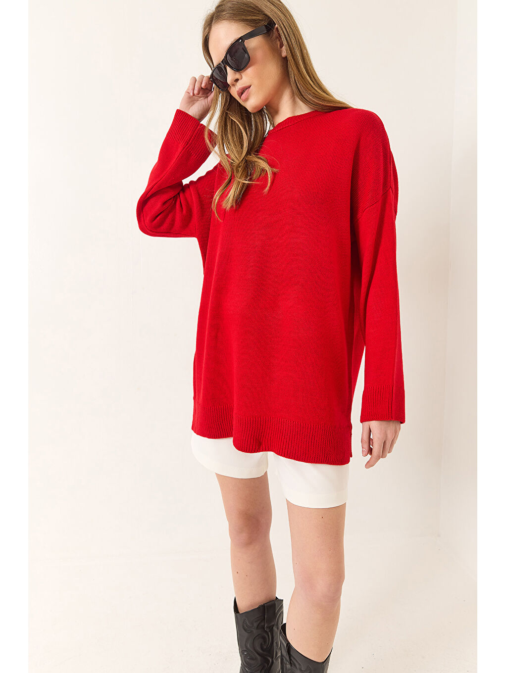 Kırmızı Kadın Bisiklet Yaka Oversize Uzun Kazak-4