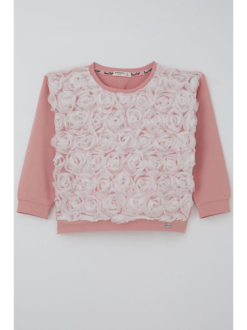 Pembe Kız Çocuk Sweatshirt Organze Kabartmalı Gül Detaylı Gülkurusu (6-12 Yaş)-1