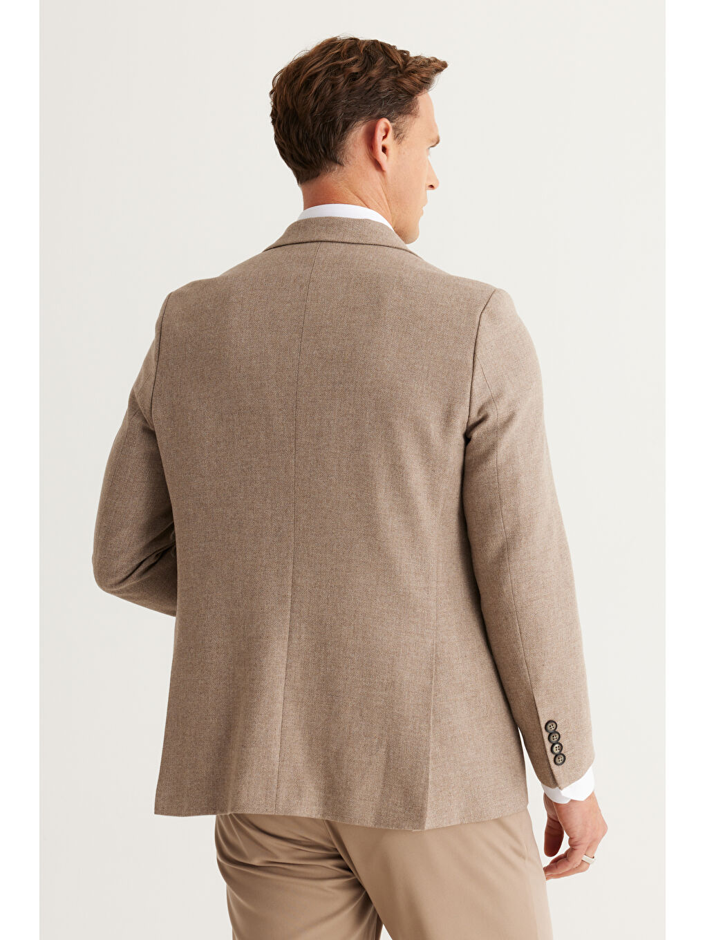 Erkek Bej Regular Fit Geniş Kesim Mono Yaka Diagonal Desenli Yünlü Ceket-5