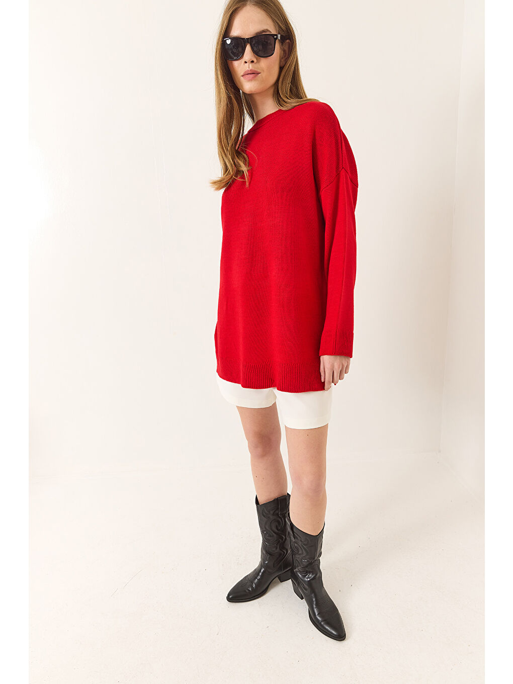 Kırmızı Kadın Bisiklet Yaka Oversize Uzun Kazak-5