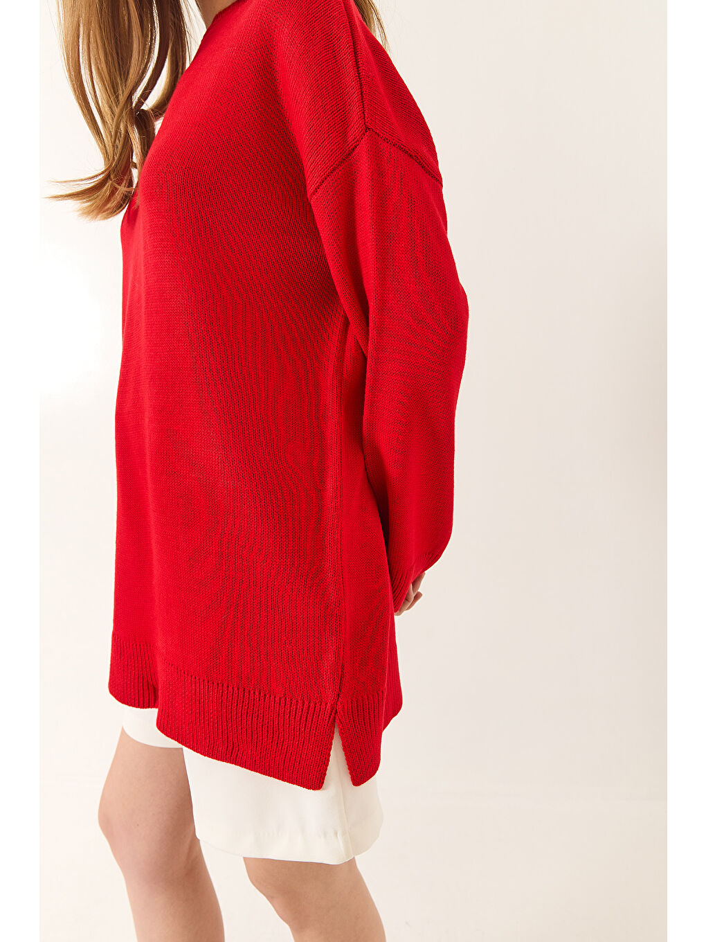 Kırmızı Kadın Bisiklet Yaka Oversize Uzun Kazak-6